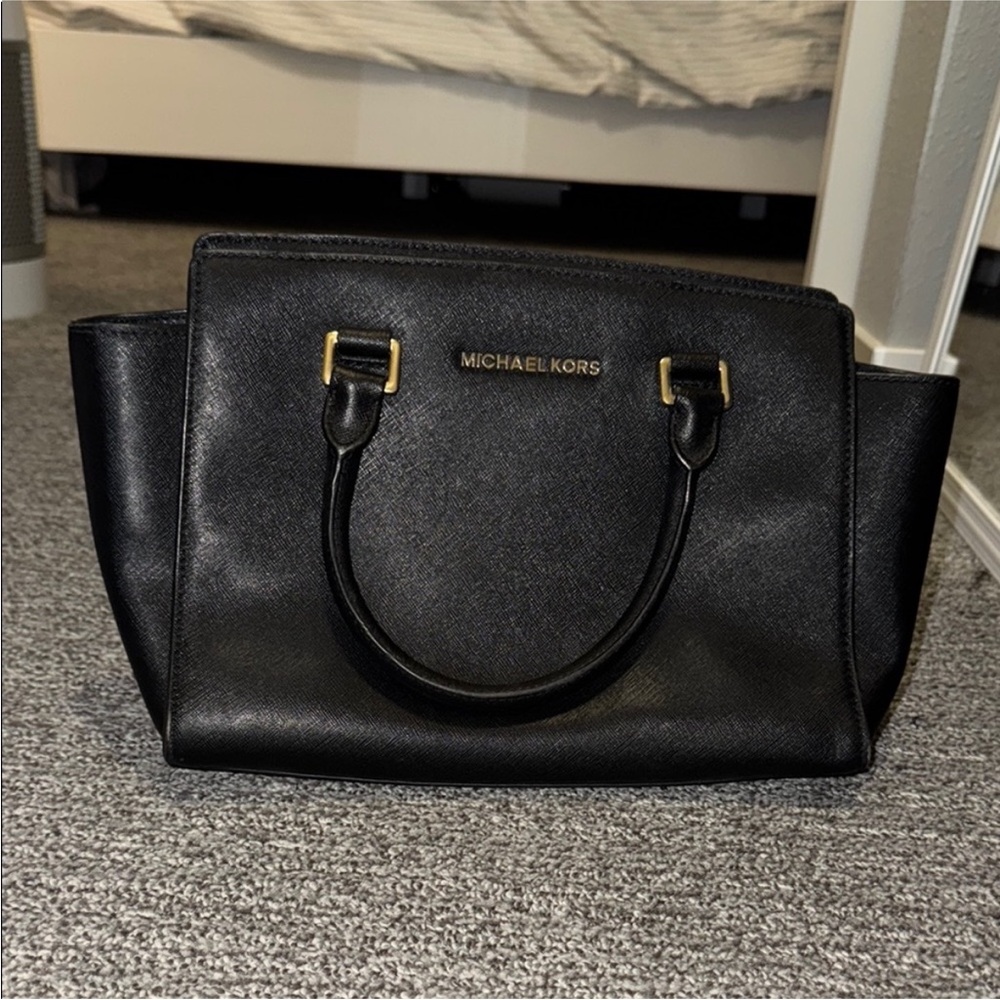 Michael Kors Black Satchel Bag with Gold Accents